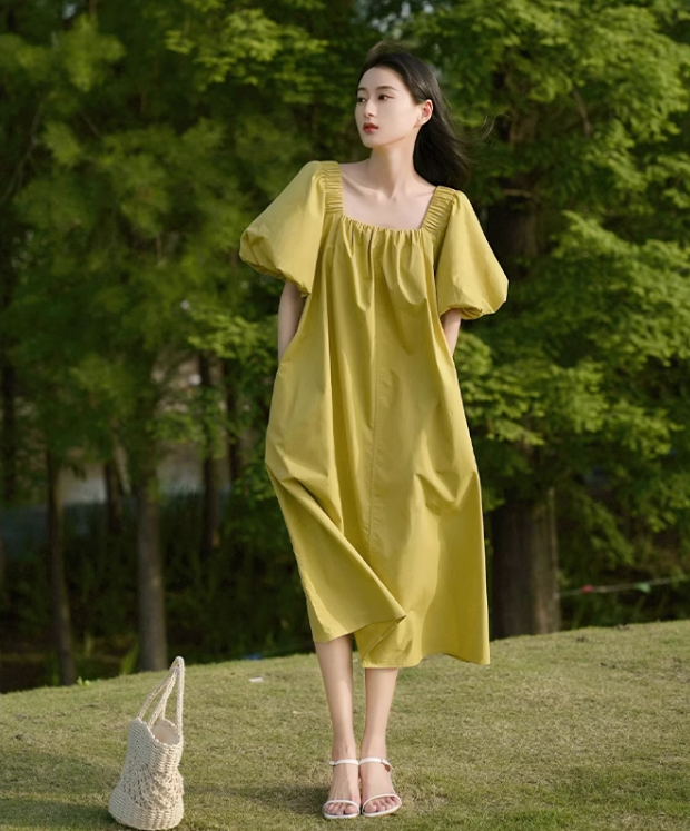 Simple Puffy Short Sleeves Green A-Line Square Neckline Women Dress TP3136