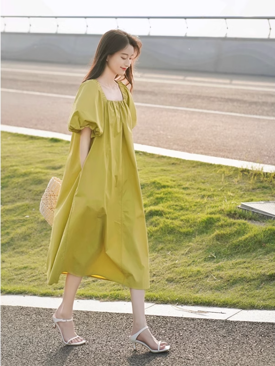 Simple Puffy Short Sleeves Green A-Line Square Neckline Women Dress TP3136