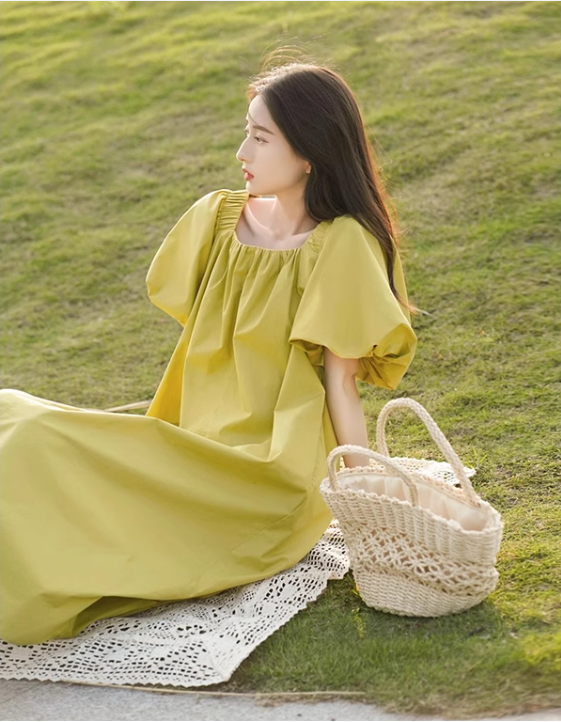 Simple Puffy Short Sleeves Green A-Line Square Neckline Women Dress TP3136