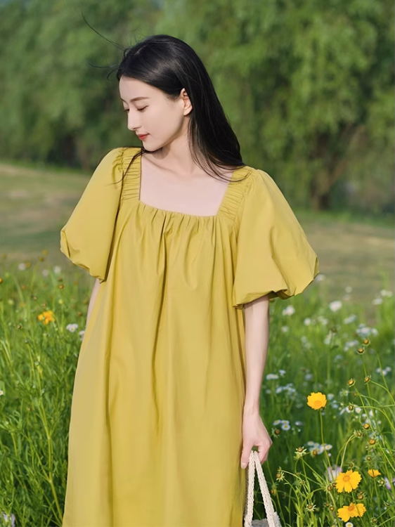 Simple Puffy Short Sleeves Green A-Line Square Neckline Women Dress TP3136