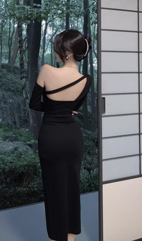 Vintage Elegant Asymmetric Design A-Line Split Long-sleeved Dress TP3138