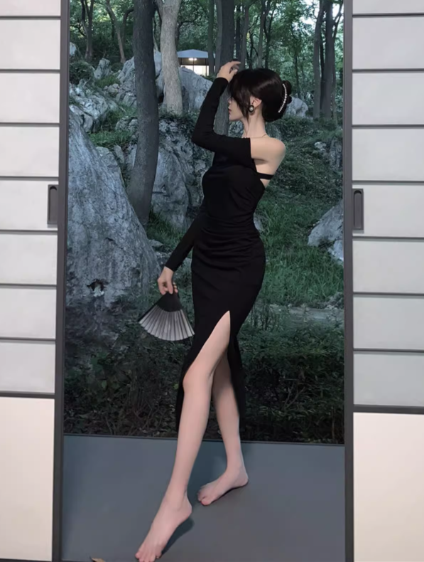 Vintage Elegant Asymmetric Design A-Line Split Long-sleeved Dress TP3138