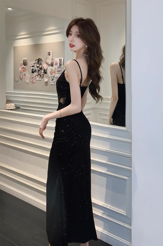 Vintage Elegant Black V-neck Black Design A-Line Sleeveless Strap Dress TP3141