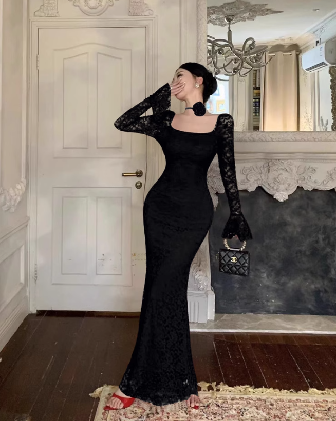 Vintage Fashion Black Square Collar Design Black A-Line Mermaid Long-sleeved Dress TP3142
