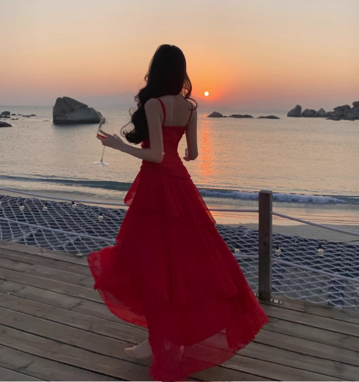 Vintage Ruffled Design Wine Red A-Line Women Spaghetti Strap Dress TP3145