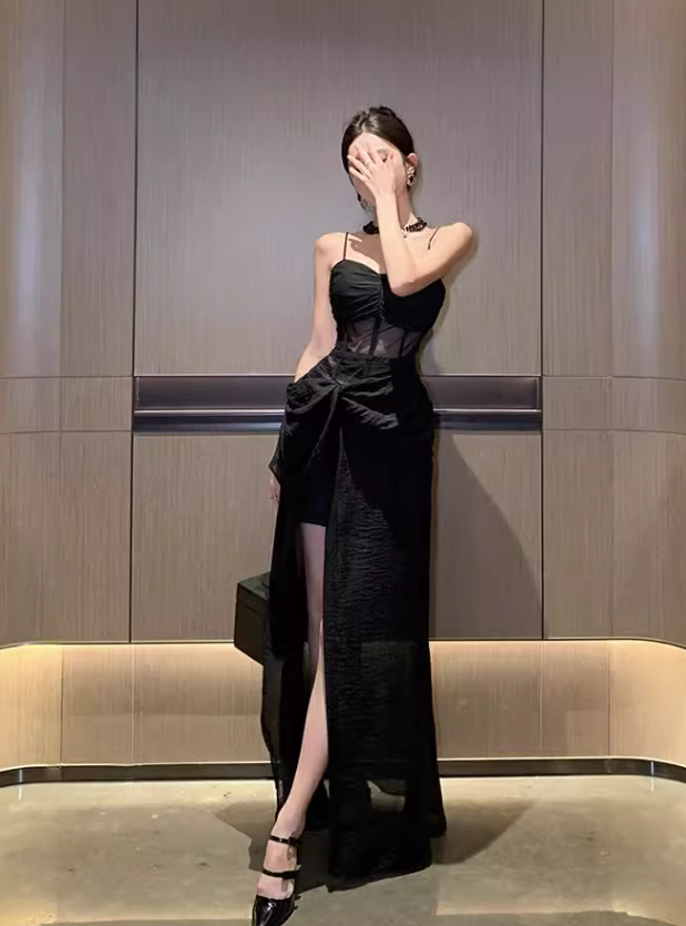 Vintage Split Design Black A-Line Women Spaghetti Strap Dress TP3146