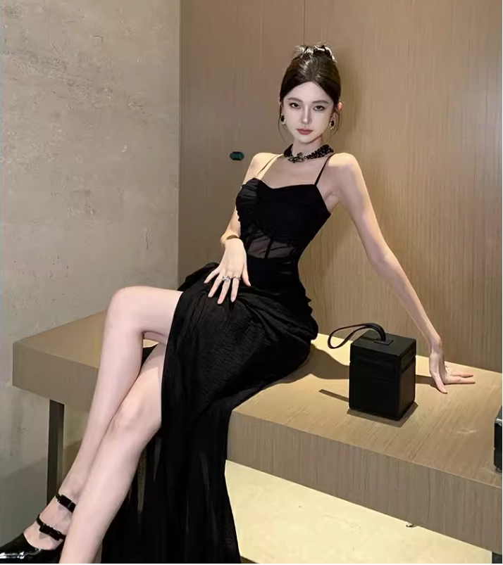 Vintage Split Design Black A-Line Women Spaghetti Strap Dress TP3146