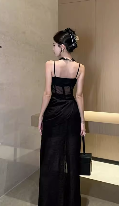 Vintage Split Design Black A-Line Women Spaghetti Strap Dress TP3146