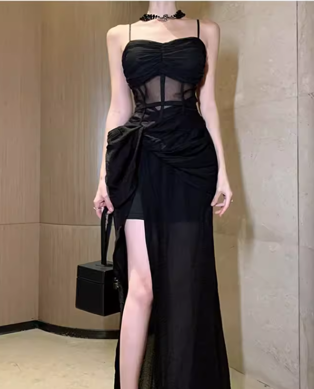 Vintage Split Design Black A-Line Women Spaghetti Strap Dress TP3146