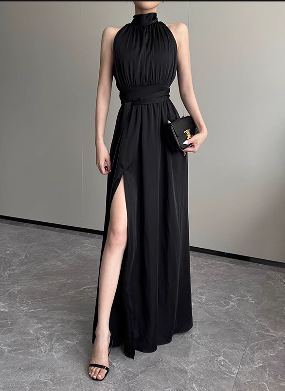 Simple Elegant Split Design Black A-Line Women Halter Dress TP3148