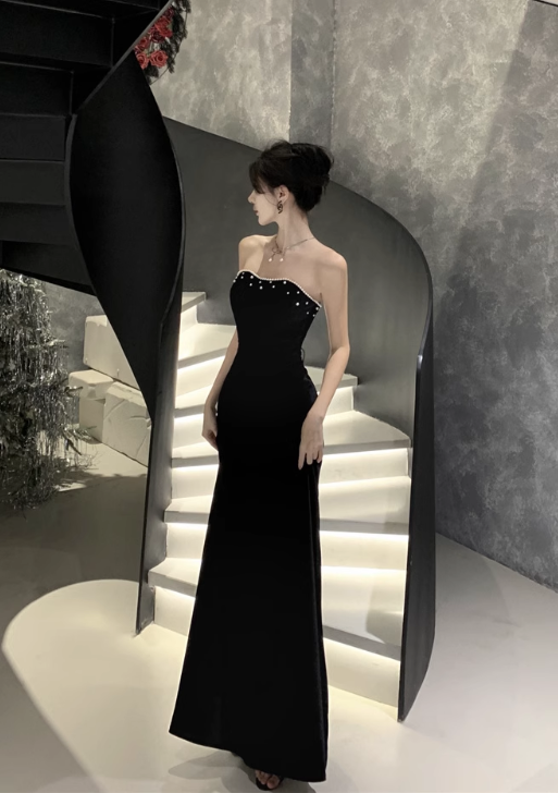 New Simple Design Black A-Line Elegant Women Strapless Dress TP3149