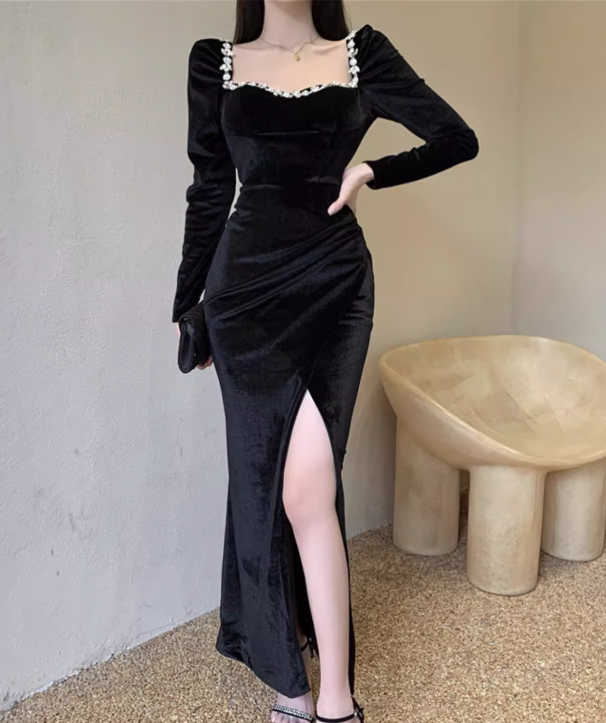 Simple Elegant Square Collar Beading Design Black Wool A-Line Long-sleeved Dress TP3152