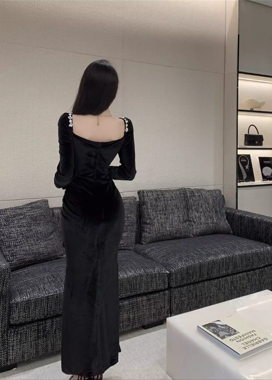 Simple Elegant Square Collar Beading Design Black Wool A-Line Long-sleeved Dress TP3152