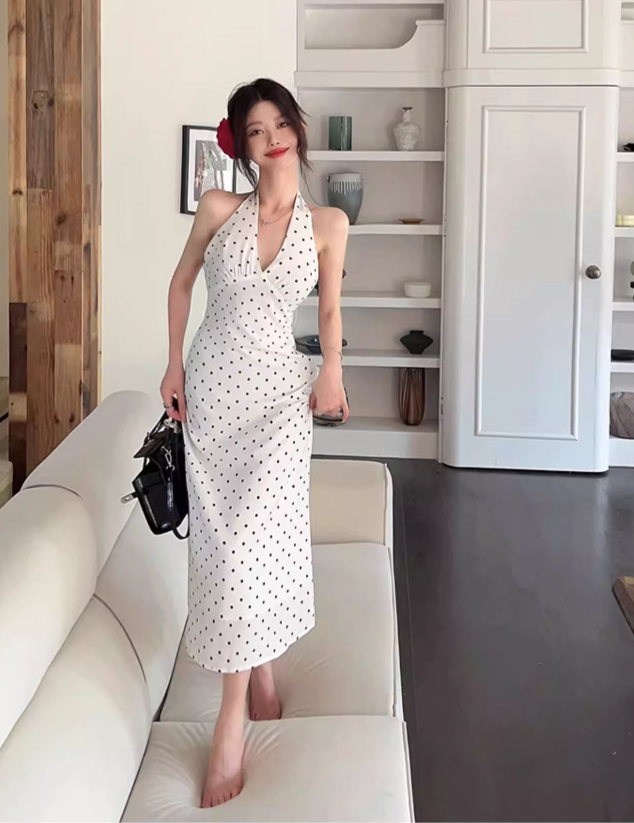 Simple V-neck Polka Dot Design A-Line Casual Long Halter Dress TP3154