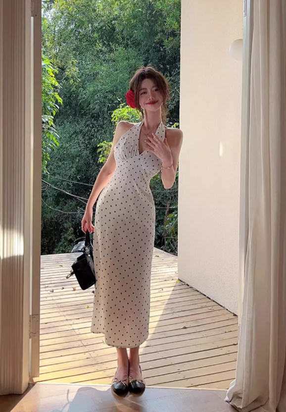 Simple V-neck Polka Dot Design A-Line Casual Long Halter Dress TP3154