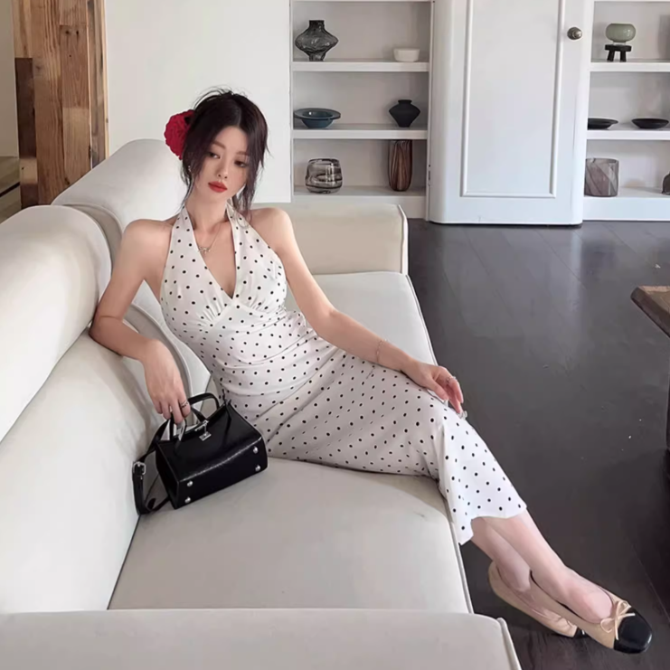 Simple V-neck Polka Dot Design A-Line Casual Long Halter Dress TP3154