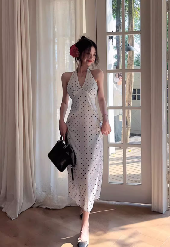 Simple V-neck Polka Dot Design A-Line Casual Long Halter Dress TP3154