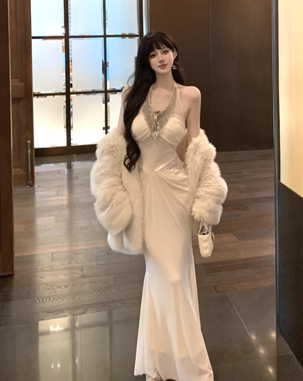 Elegant Beading Design Beige A-Line Long Banquet Halter Dress TP3155