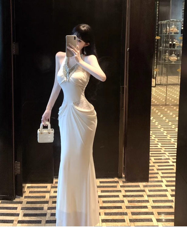 Elegant Beading Design Beige A-Line Long Banquet Halter Dress TP3155