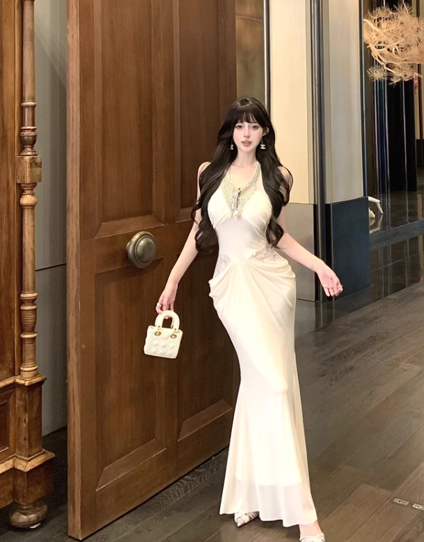 Elegant Beading Design Beige A-Line Long Banquet Halter Dress TP3155