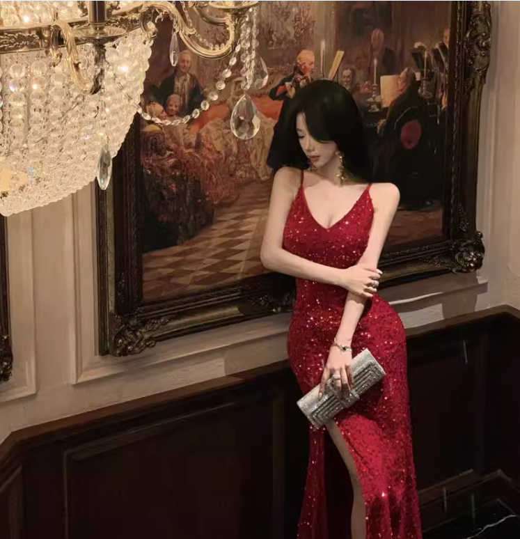 Vintage Sequins Design Wine Red A-Line Long Spaghetti Strap Dress TP3156