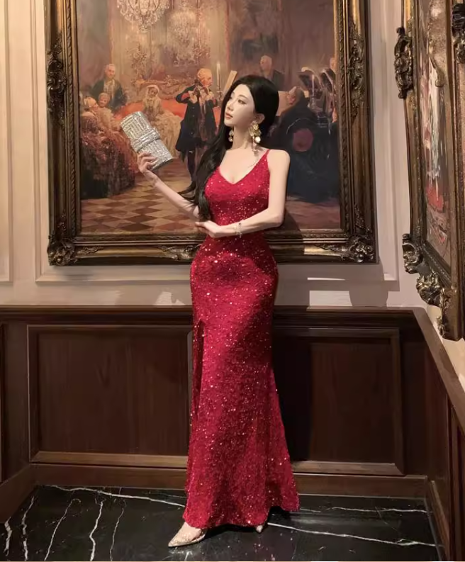 Vintage Sequins Design Wine Red A-Line Long Spaghetti Strap Dress TP3156