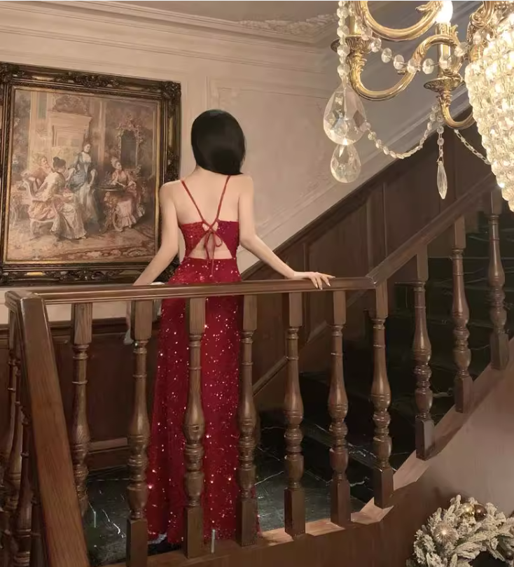 Vintage Sequins Design Wine Red A-Line Long Spaghetti Strap Dress TP3156