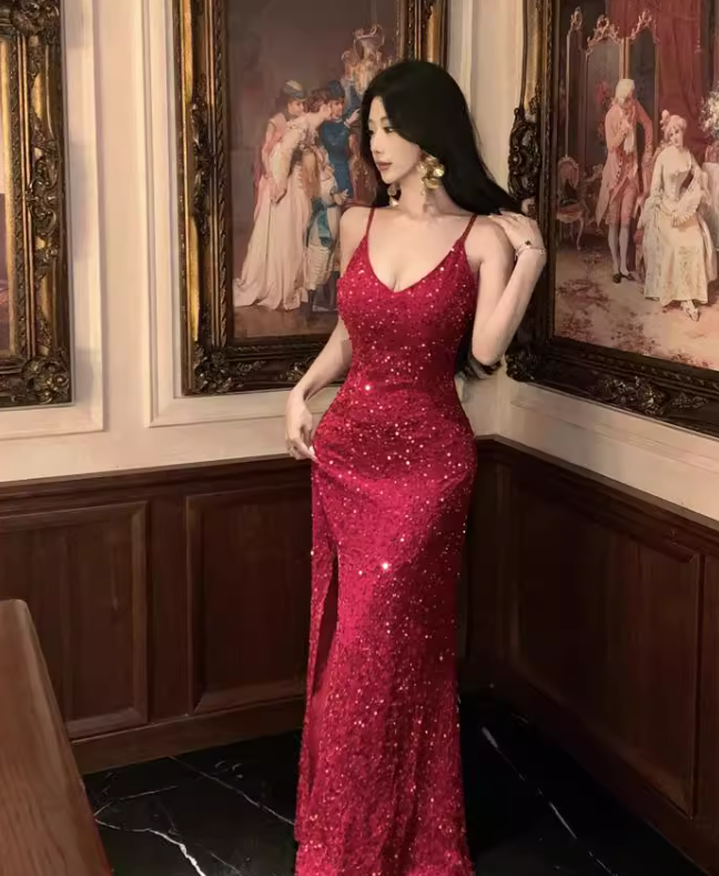 Vintage Sequins Design Wine Red A-Line Long Spaghetti Strap Dress TP3156
