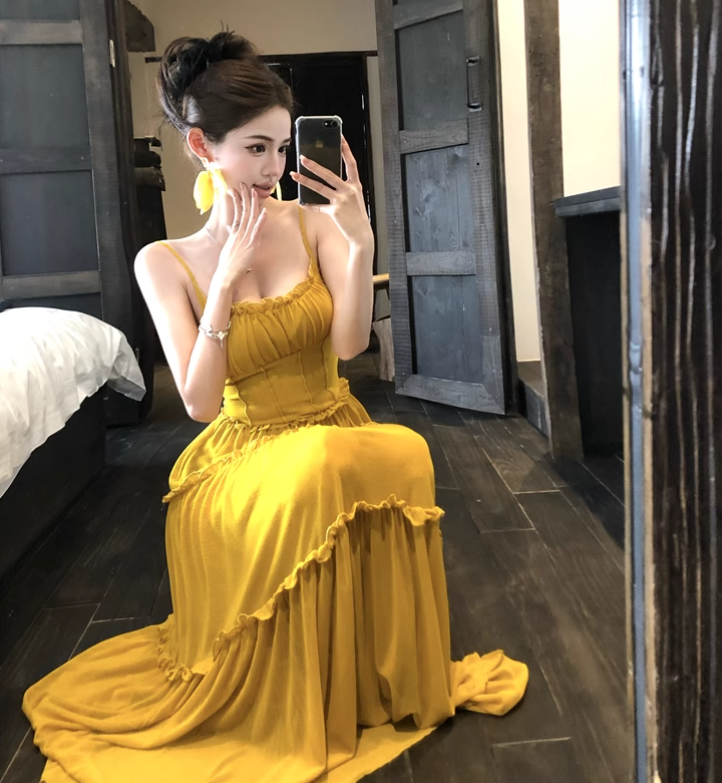 Simple Fashion Ruffled Design Yellow A-Line Long Spaghetti Strap Dress TP3157