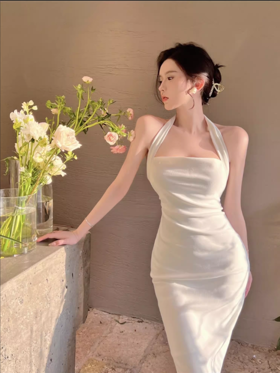 Elegant Design White A-Line Slim Midi Halter Dress TP3158