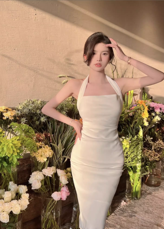 Elegant Design White A-Line Slim Midi Halter Dress TP3158