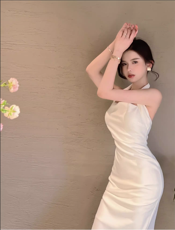 Elegant Design White A-Line Slim Midi Halter Dress TP3158