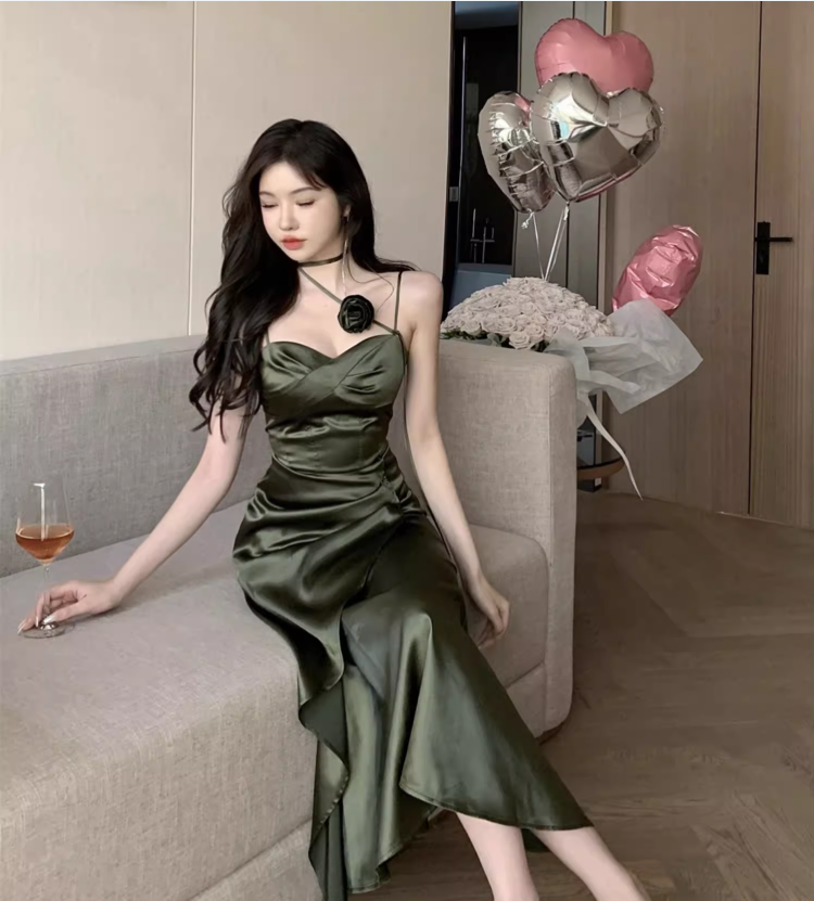 Simple Floral Design Elegant Green A-Line Slim Long Spaghetti Strap Dress TP3159