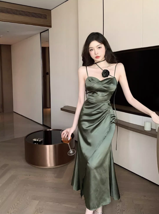 Simple Floral Design Elegant Green A-Line Slim Long Spaghetti Strap Dress TP3159