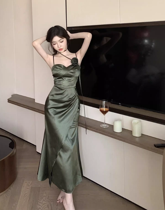 Simple Floral Design Elegant Green A-Line Slim Long Spaghetti Strap Dress TP3159