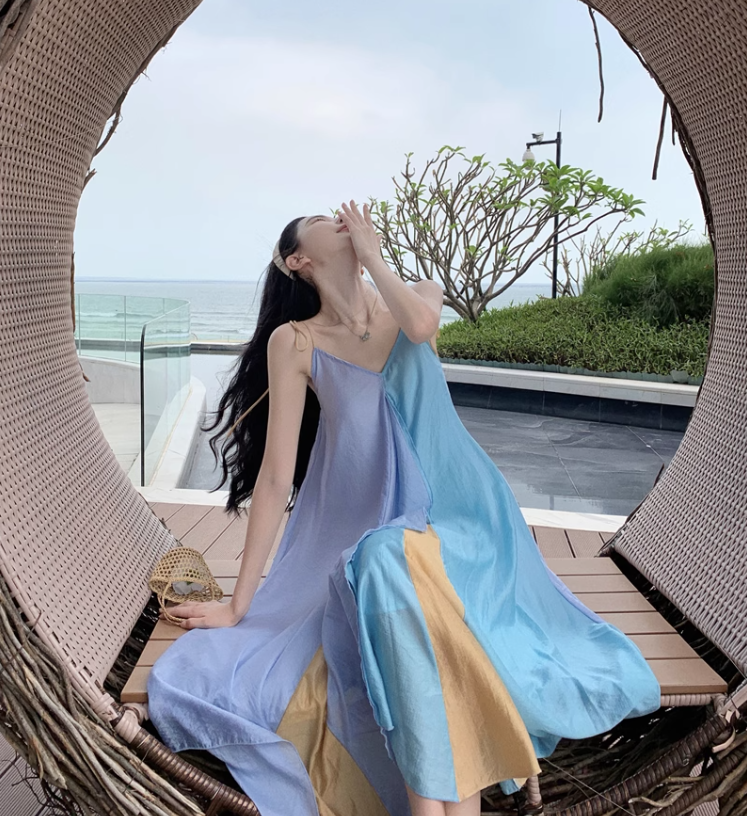 Simple Multi-color Splicing Design A-Line Casual V-neck Spaghetti Strap Dress TP3160