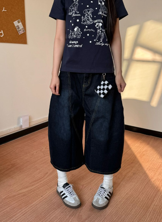 Simple Loose-fitting Letter Embroidery Design Street-style Casual Cropped Pants TP3235