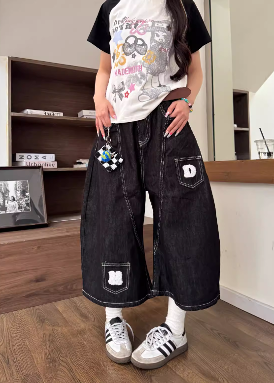 New Fashion Loose-fitting Black Multi-pocket Design Street-style Casual Cropped Pants TP3243