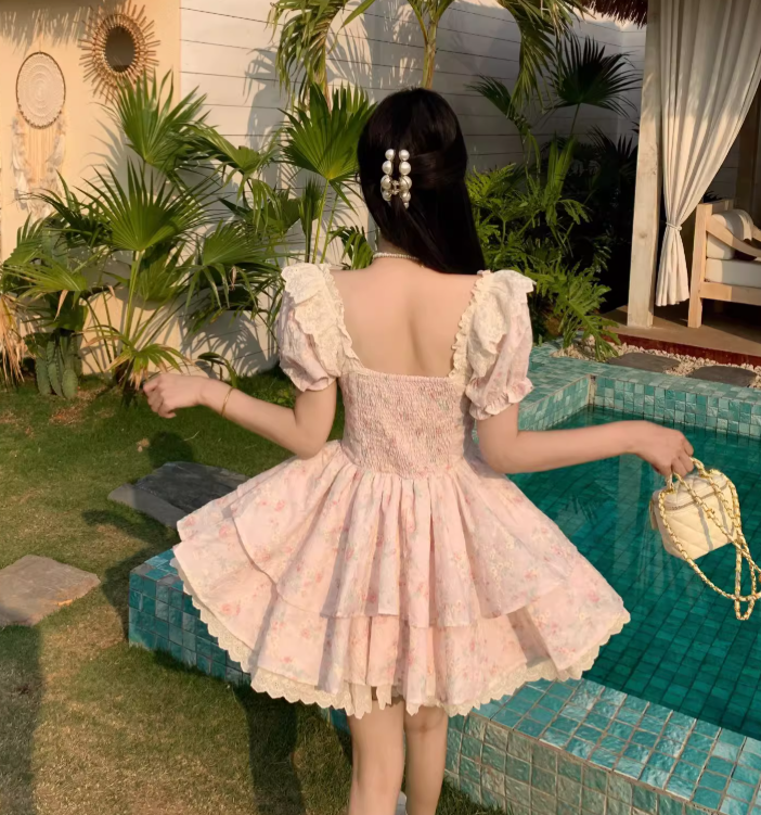 New Fashion Puffed Short Sleeve Design Pink A-line Floral Dress TP3308