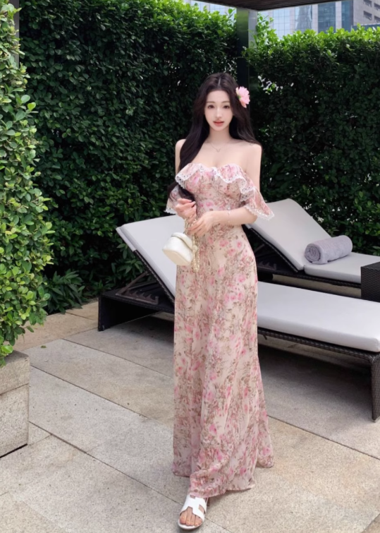 New Fashion Pink Floral Design Beach Holiday Long A-line Strapless Dress TP3311
