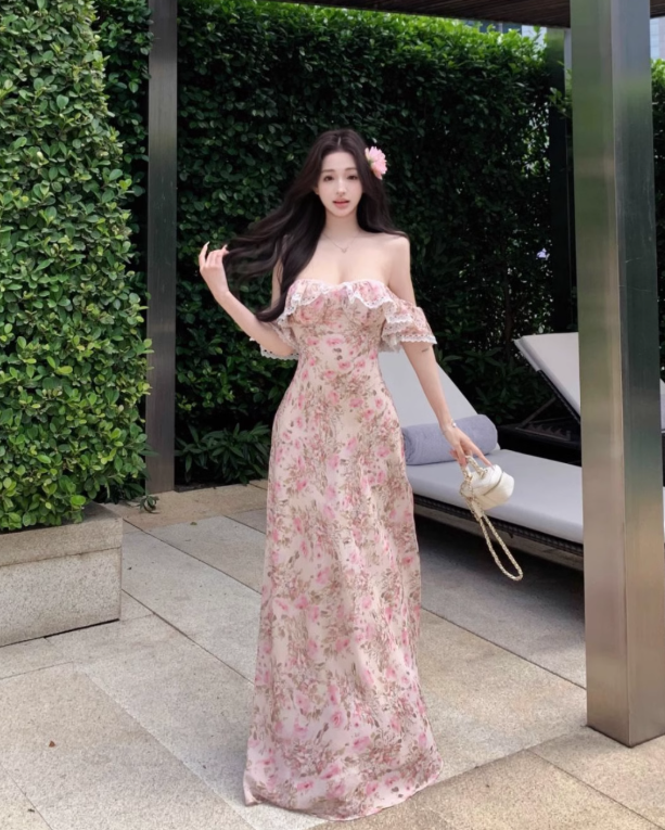 New Fashion Pink Floral Design Beach Holiday Long A-line Strapless Dress TP3311