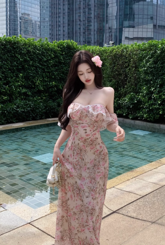 New Fashion Pink Floral Design Beach Holiday Long A-line Strapless Dress TP3311