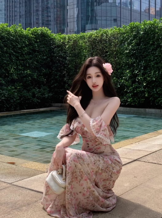 New Fashion Pink Floral Design Beach Holiday Long A-line Strapless Dress TP3311