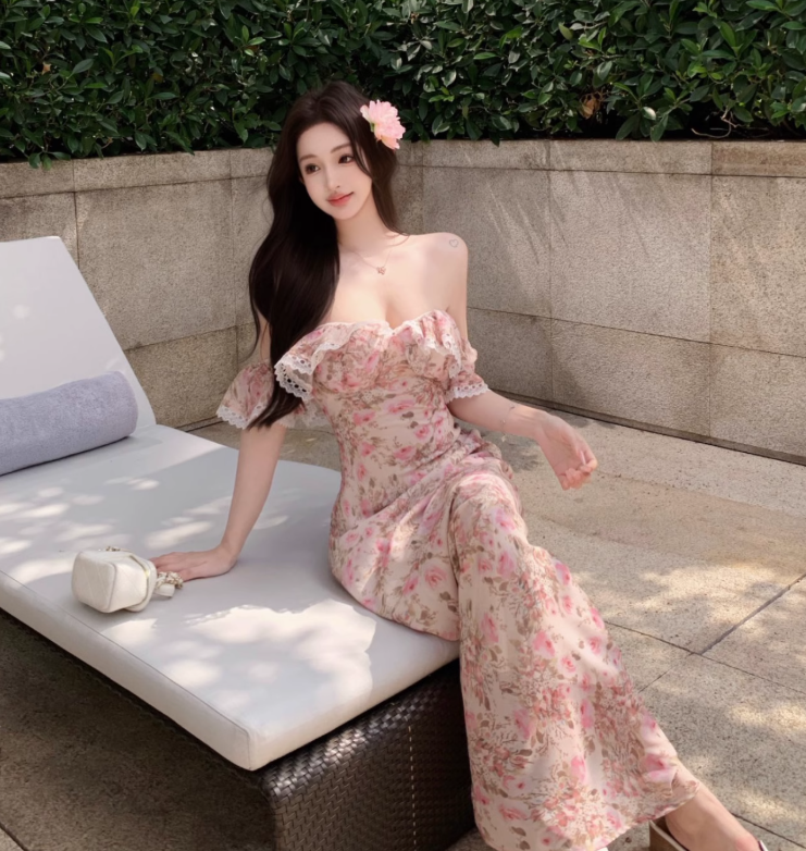New Fashion Pink Floral Design Beach Holiday Long A-line Strapless Dress TP3311