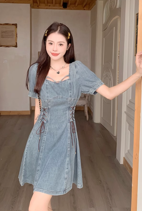 New Fashion Waist-cinching Design A-line Short-sleeved Denim Dress TP3316