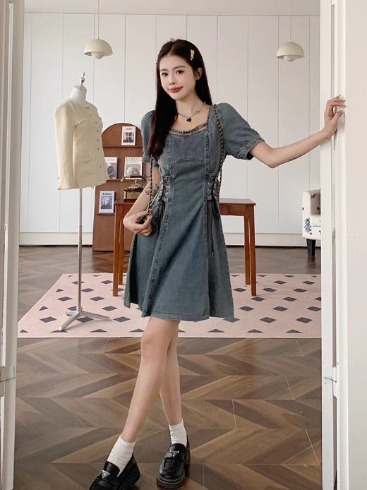 New Fashion Waist-cinching Design A-line Short-sleeved Denim Dress TP3316