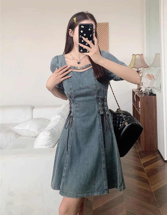 New Fashion Waist-cinching Design A-line Short-sleeved Denim Dress TP3316