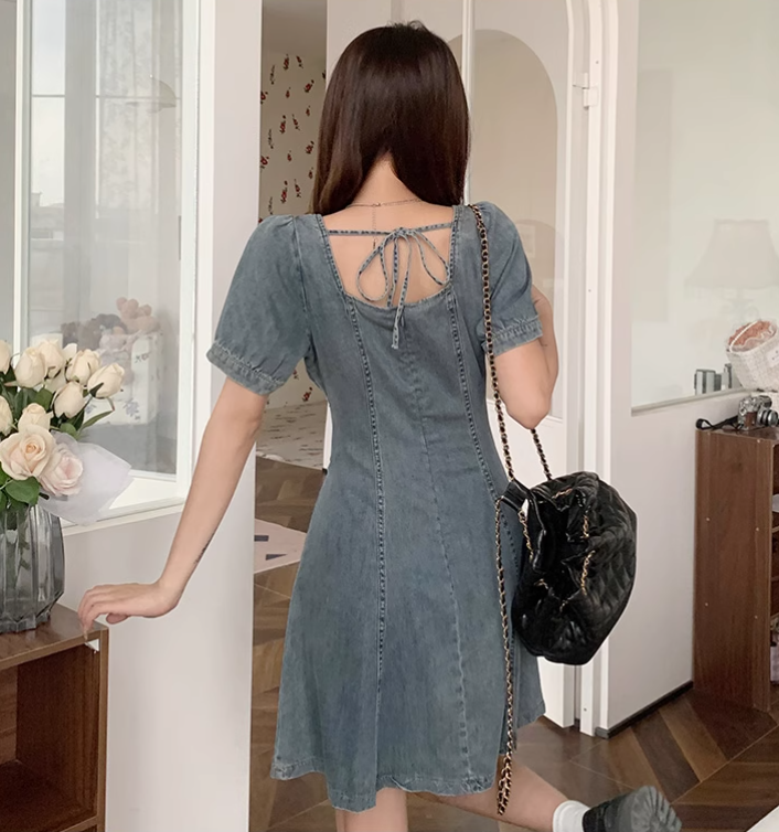 New Fashion Waist-cinching Design A-line Short-sleeved Denim Dress TP3316