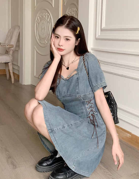 New Fashion Waist-cinching Design A-line Short-sleeved Denim Dress TP3316