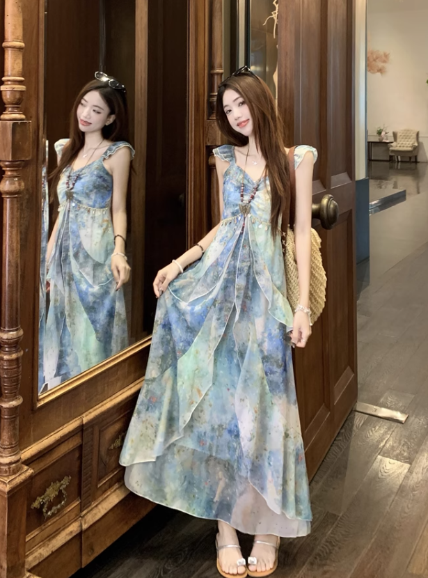 New Fashion Irregular Ruffled Dress Hem Design Beach Holiday A-line Sleeveless Floral Dress TP3320